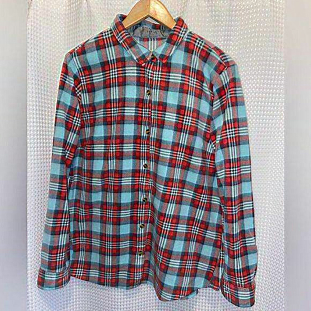 2/40$ Men’s DOMINI Vintage red&turquoise plaid long sleeves fleece Shirt Sz XL